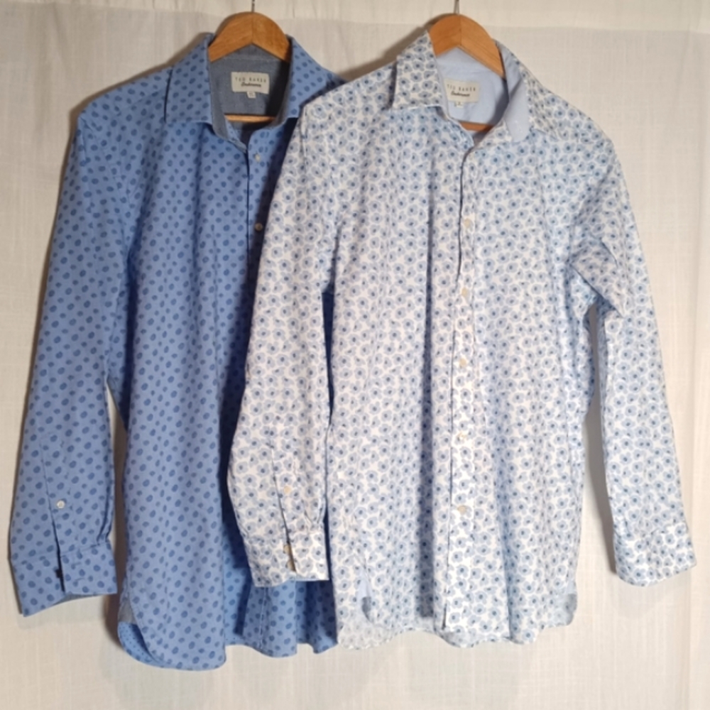 Ted Baker *Bundle* 2 Men's Button Front Dress Shirts Blue Floral & Foulard Sz 16